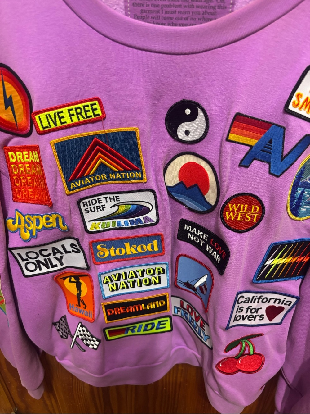 Aviator Nation Lavender Scoop Neck Sweatshirt with Multicolor Patches - Picture 2 of 8